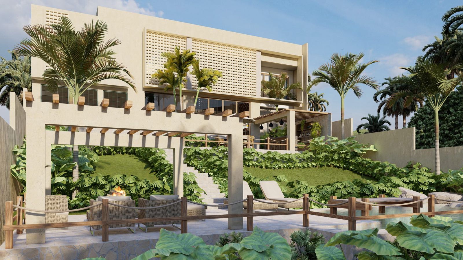 Jardín y alberca — paisajismo exterior en Nayarit