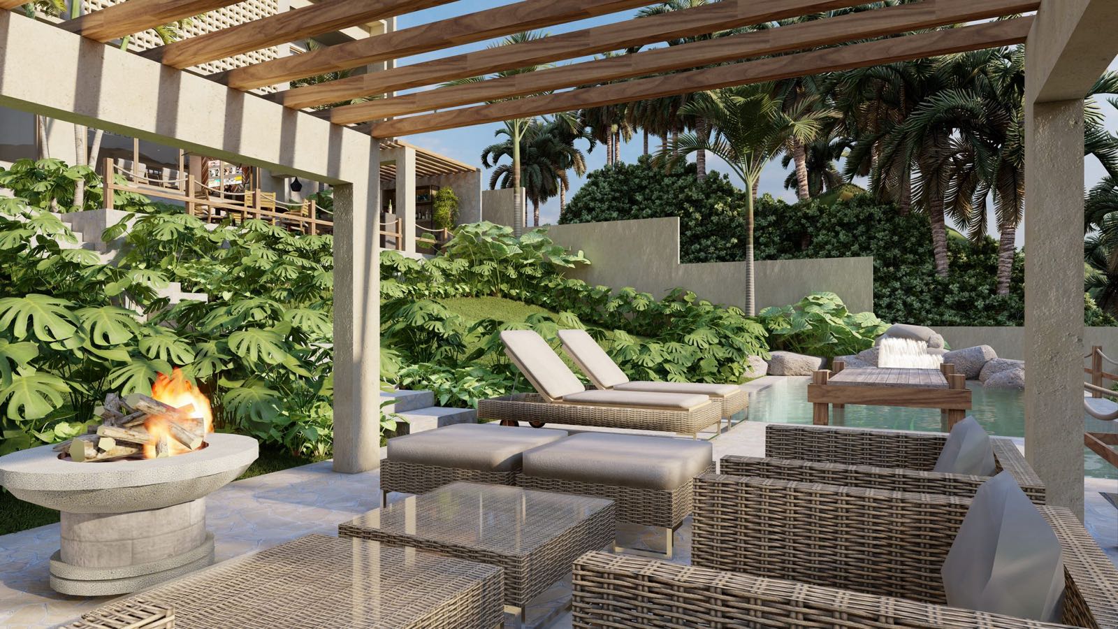 Pérgola lounge — construcción exterior en Nayarit
